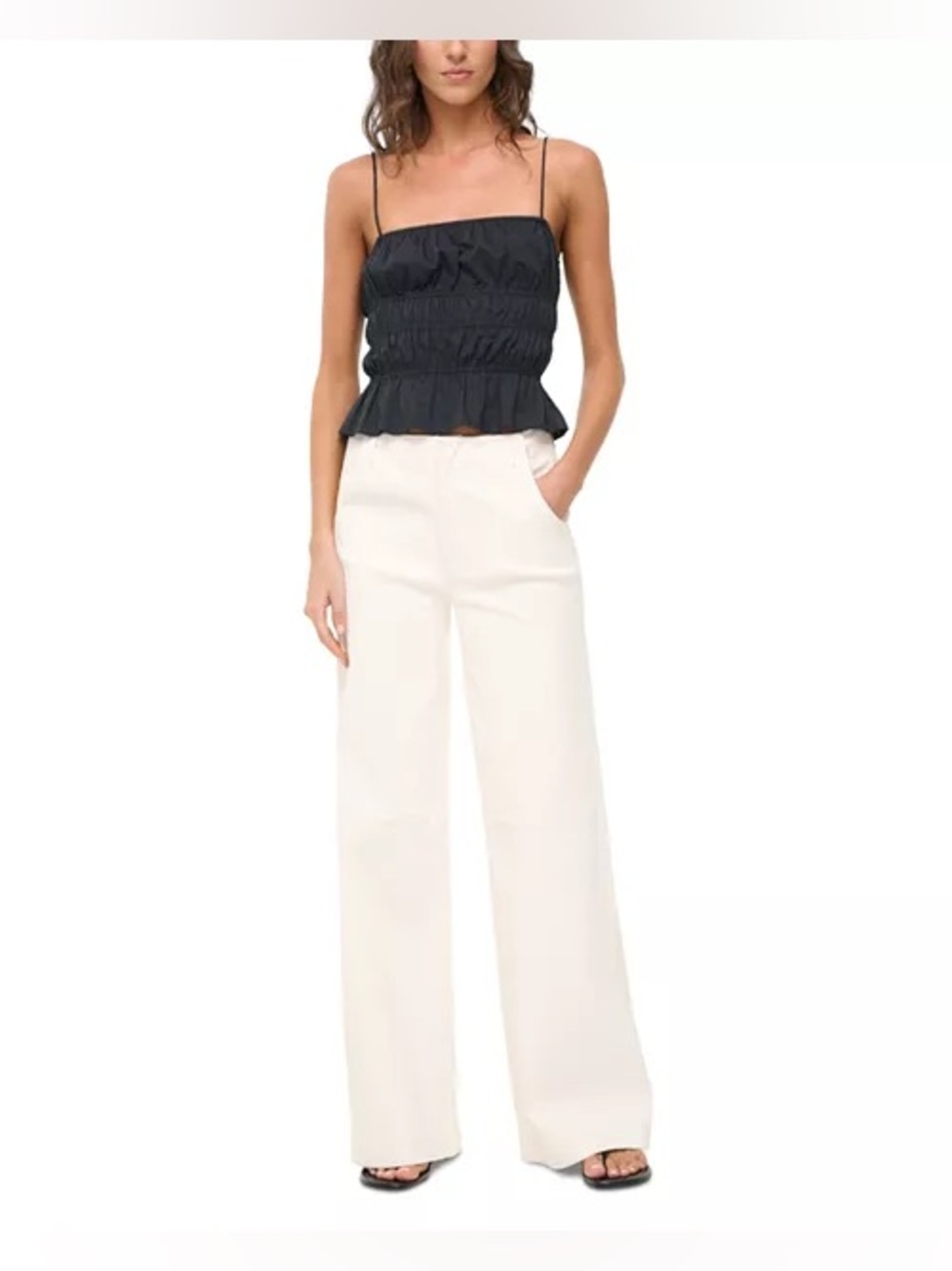 STAUD Black Smocked Crop Top with Thin Straps